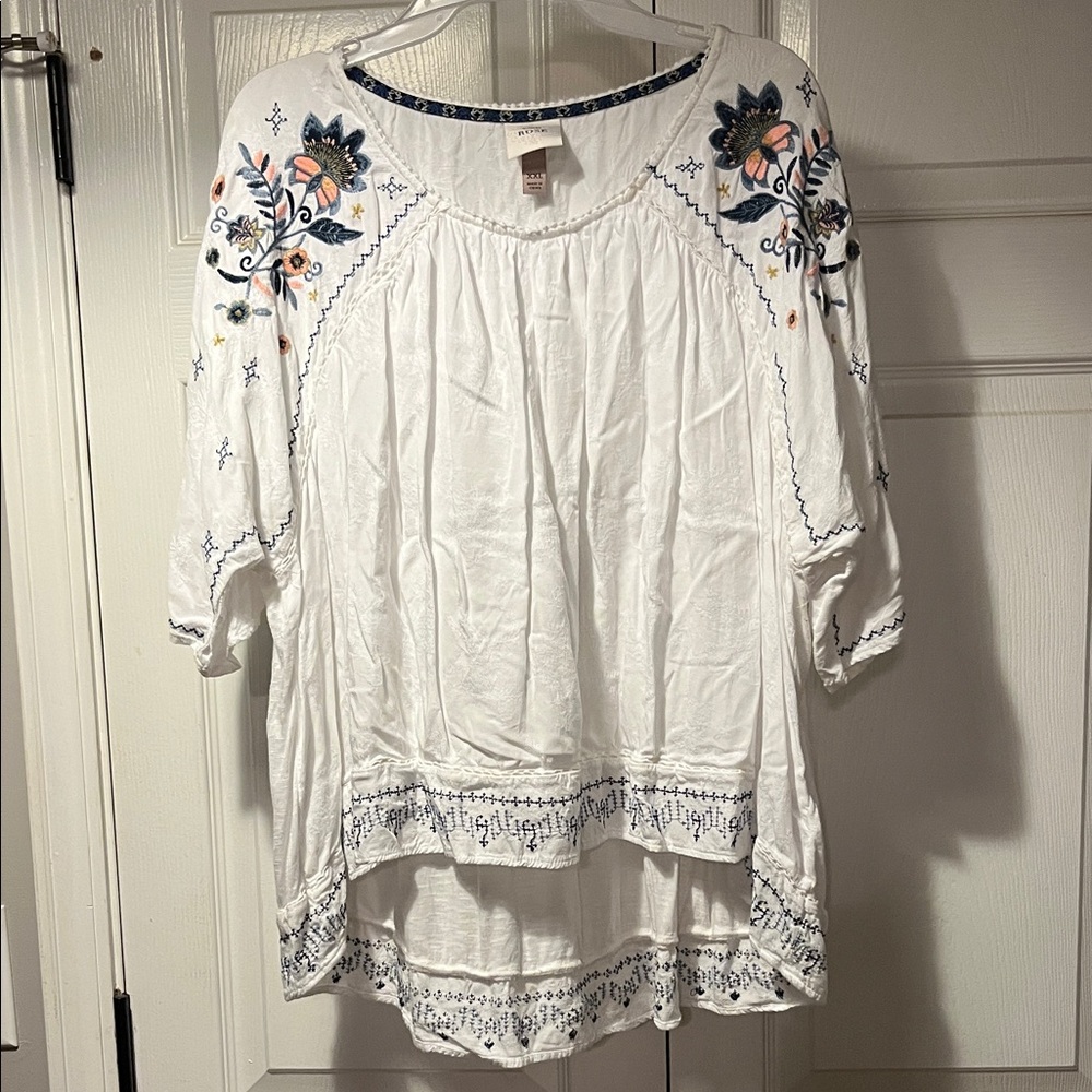Knox Rose White Embroidered Peasant Tunic with Navy & Coral Floral Detail